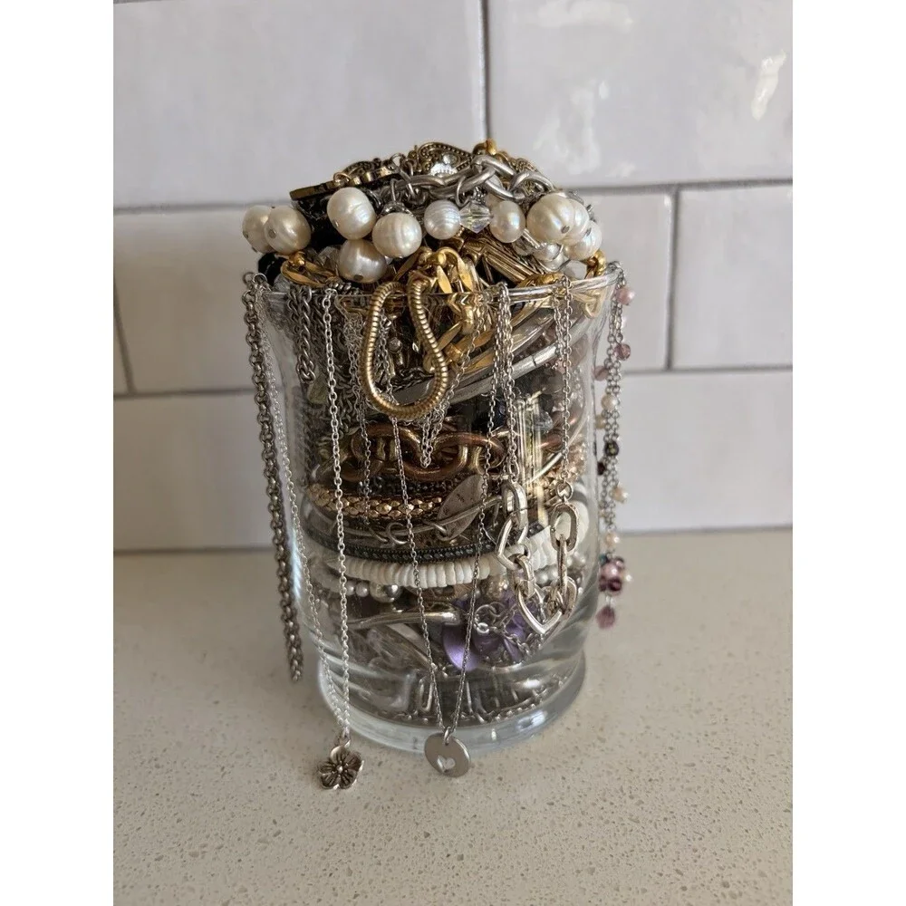 Vtg Mystery Jewelry Jar VTG Vase Mixed Metal Gold & Silver Tone Real Pearls